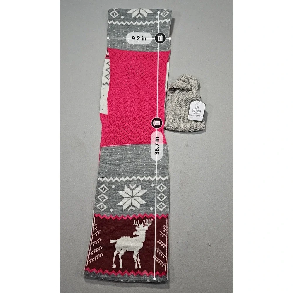 Unbranded Fair Isle Reindeer Scarf & Handmade Ear Warmer Set Pink Grey OS
